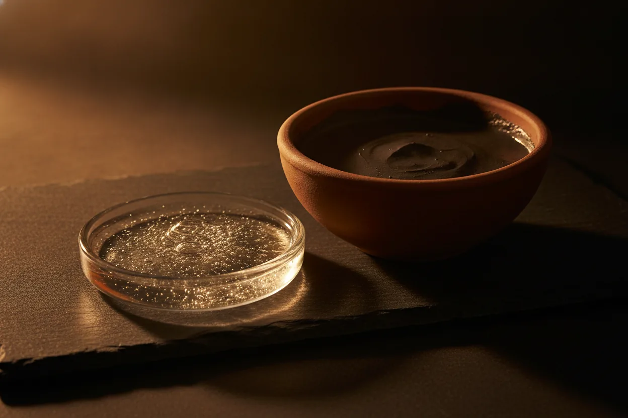 Eine Glasschale mit klarem Gel und eine Schale mit dunkler Tonerde auf dunklem Schiefer im harten warmen Licht