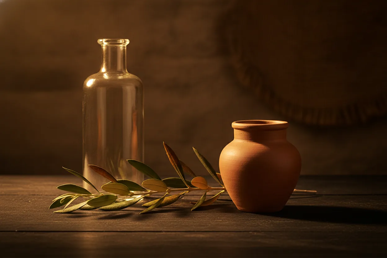 Ein Olivenzweig mit grünen und herbstlich verfärbten Blättern liegt zwischen einer leichten Flasche und einem reichhaltigen Tiegel