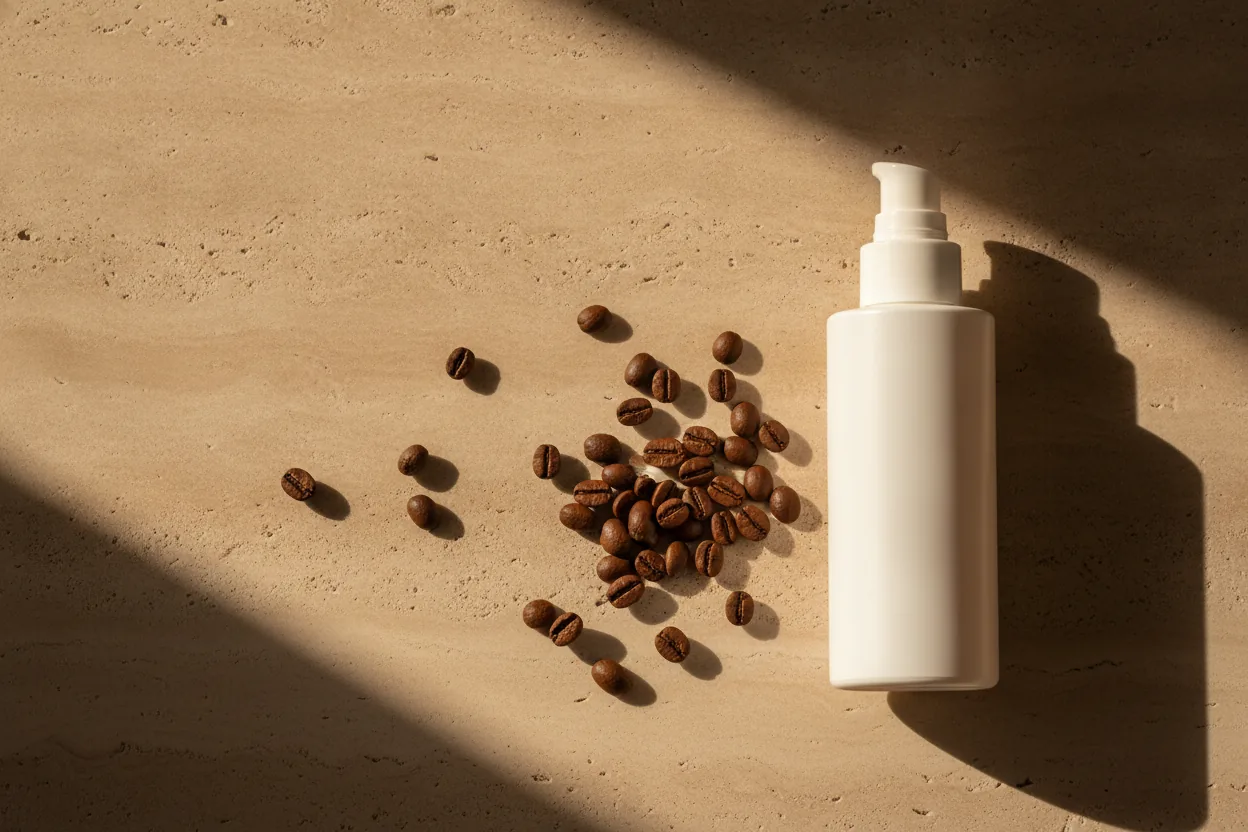 Verstreute Kaffeebohnen werfen Schatten auf hellen Travertin neben einer schlichten Sonnenschutzflasche