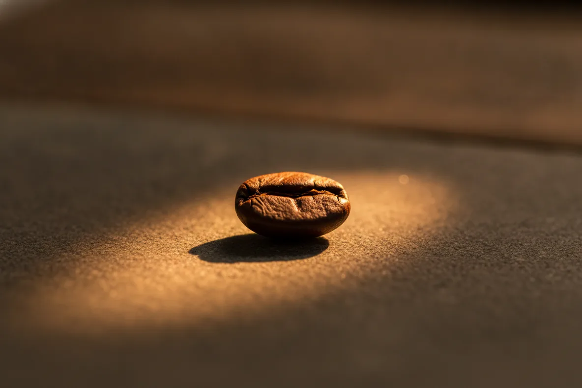 Makroaufnahme einer einzelnen Kaffeebohne im harten warmen Licht