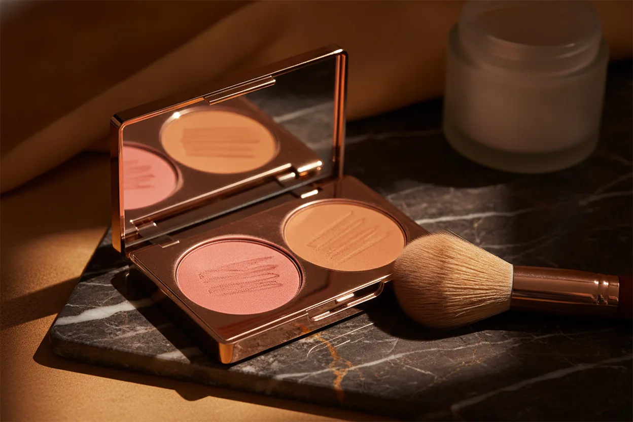 Ein offenes Rouge und ein Bronzer liegen mit einem großen weichen Pinsel auf dunklem Marmor