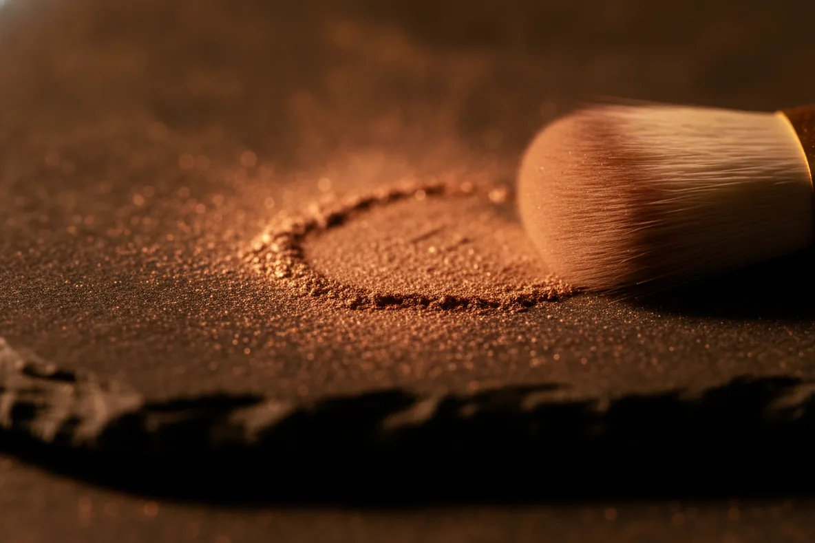 Makroaufnahme von rosigem und bronzefarbenem Puder auf dunklem Stein