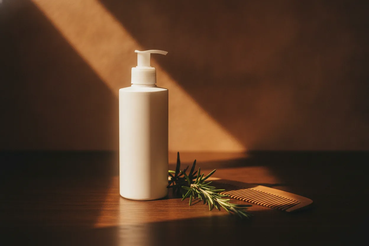 Eine Shampooflasche steht auf dunklem Holz neben einem Rosmarinzweig und einem Holzkamm im warmen Lichtstrahl