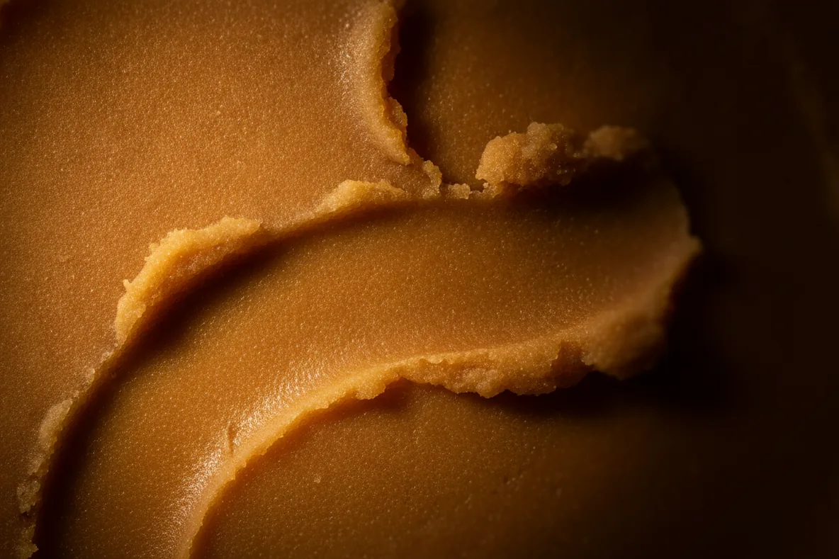Makroaufnahme der dichten körnigen Oberfläche roher Sheabutter mit einer Löffelspur