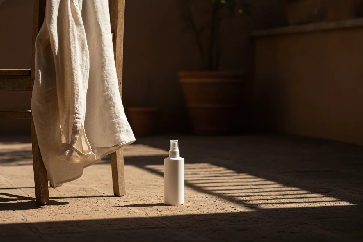 Ein helles Leinenhemd hängt über einer Stuhllehne im Schatten, daneben eine schlichte Sprühflasche