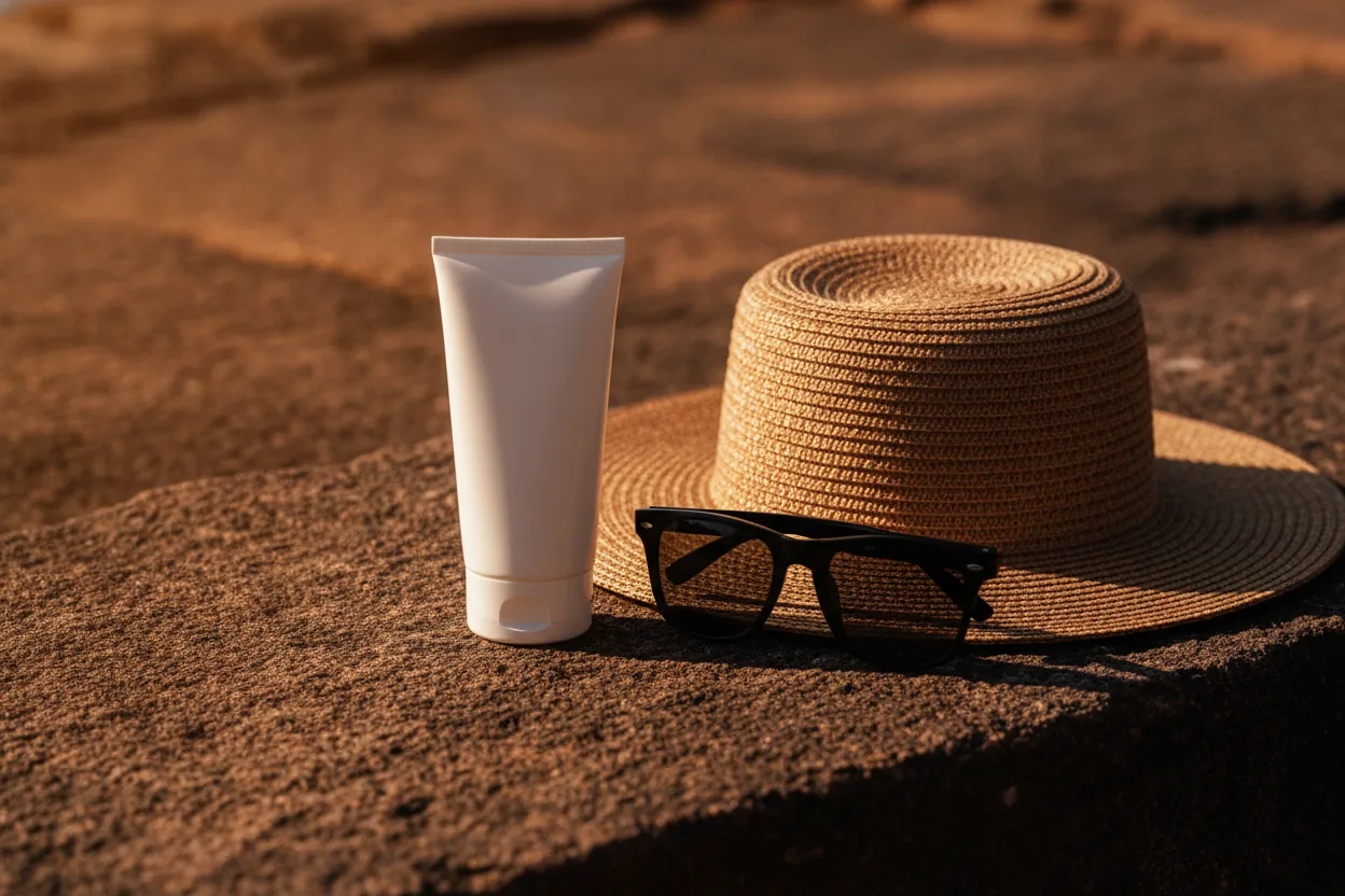 Eine Sonnenschutztube, ein Strohhut und eine Sonnenbrille liegen auf dunklem Stein im harten Mittagslicht