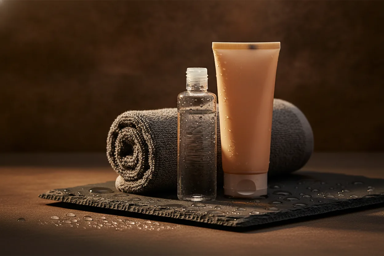 Ein gerolltes Handtuch, eine Wasserflasche und eine schlichte Geltube liegen auf dunklem Schiefer