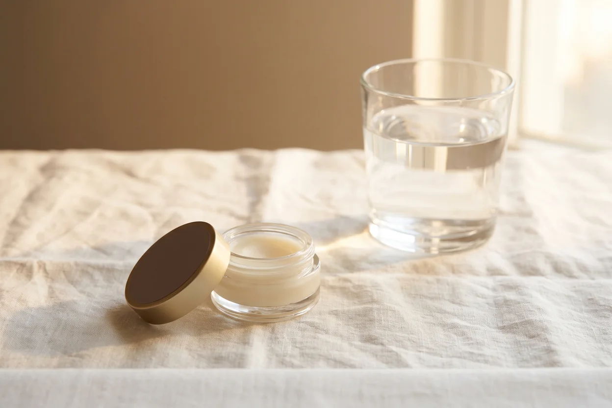 Ein schlichter Tiegel Lippenpflege und ein Wasserglas stehen auf hellem Leinen vor einer warm beleuchteten Wand