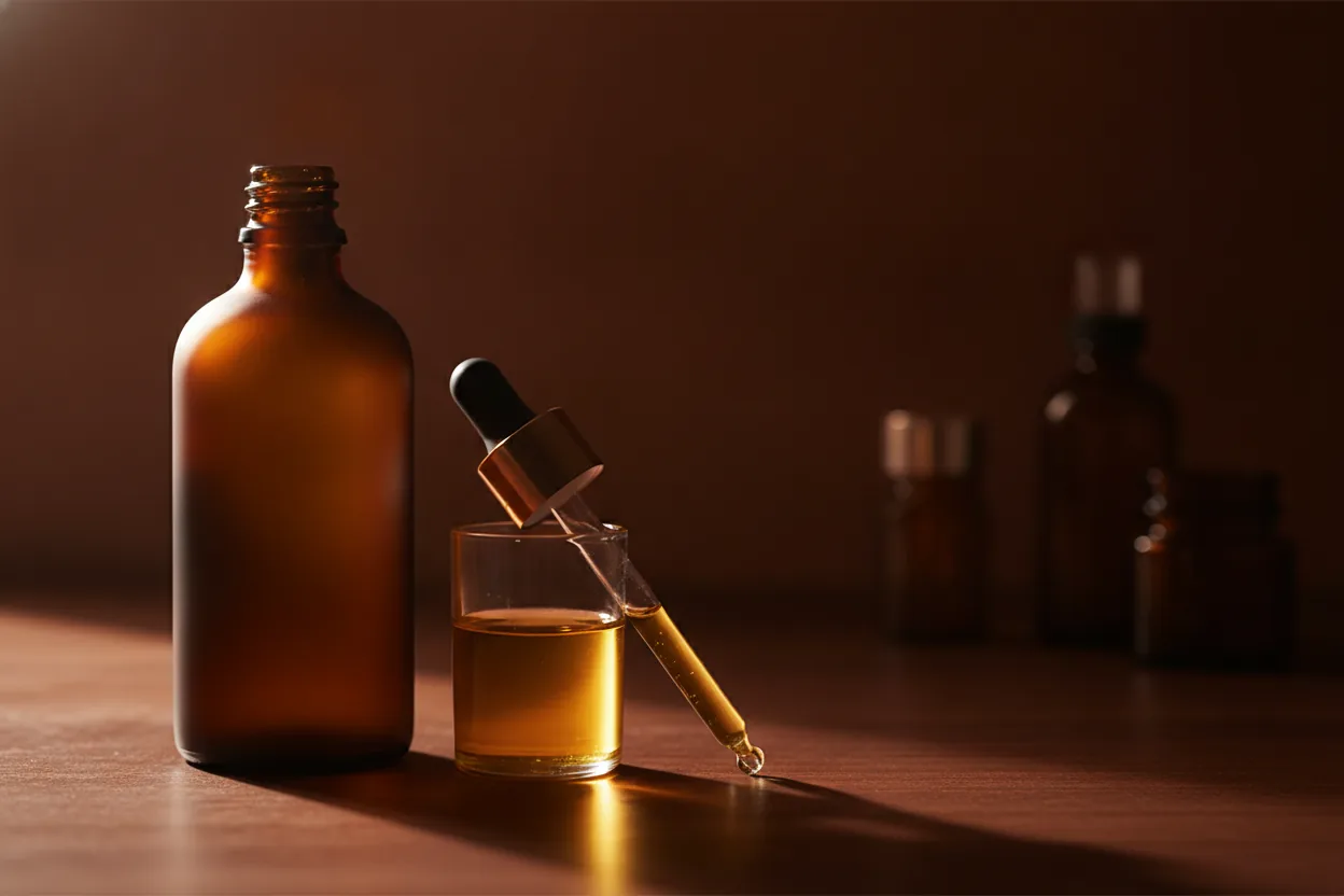 Ein dunkles Glasfläschchen, eine Pipette und ein Messglas mit goldenem Trägeröl auf dunklem Holz im Gegenlicht