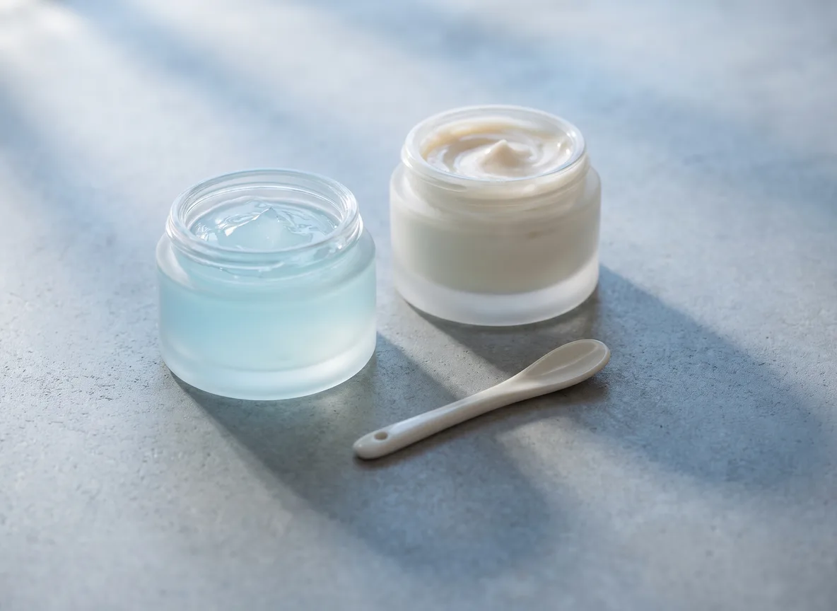 Ein leichtes Gel und eine reichhaltige Creme nebeneinander auf hellem Leinen als Sinnbild für zonenweise Pflege bei Mischhaut