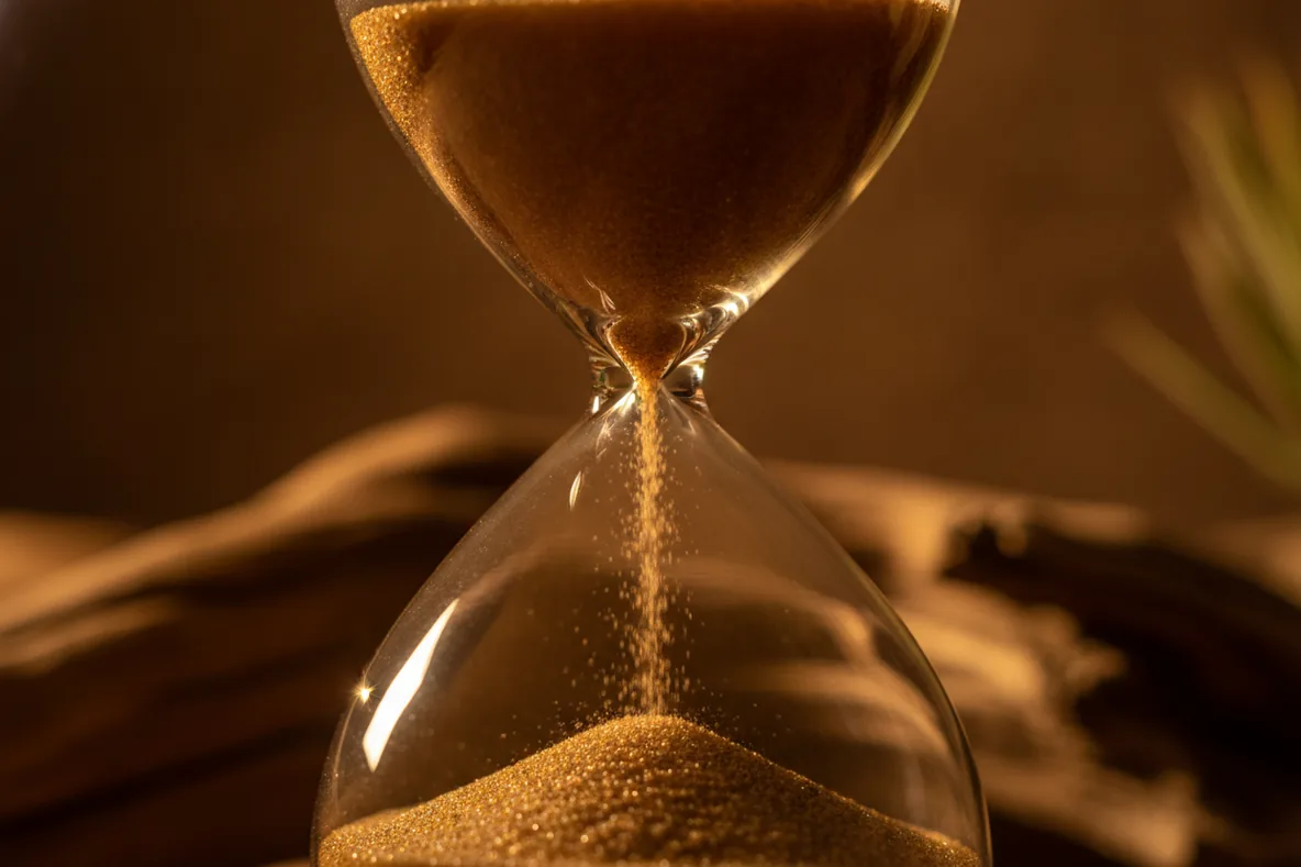 Makroaufnahme rieselnden Sands in der Engstelle einer Sanduhr im Gegenlicht
