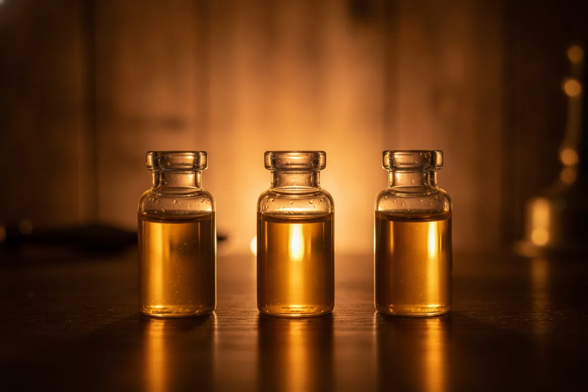 Makroaufnahme dreier Glasfläschchen im Gegenlicht mit parallelen goldenen Lichtreflexen